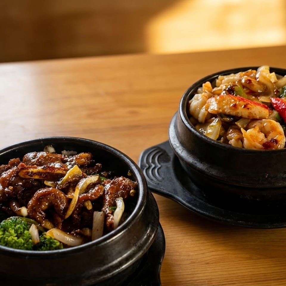 Two hot stone bowls of Korean dishes, one with beef and broccoli, the other with seafood and vegetables.