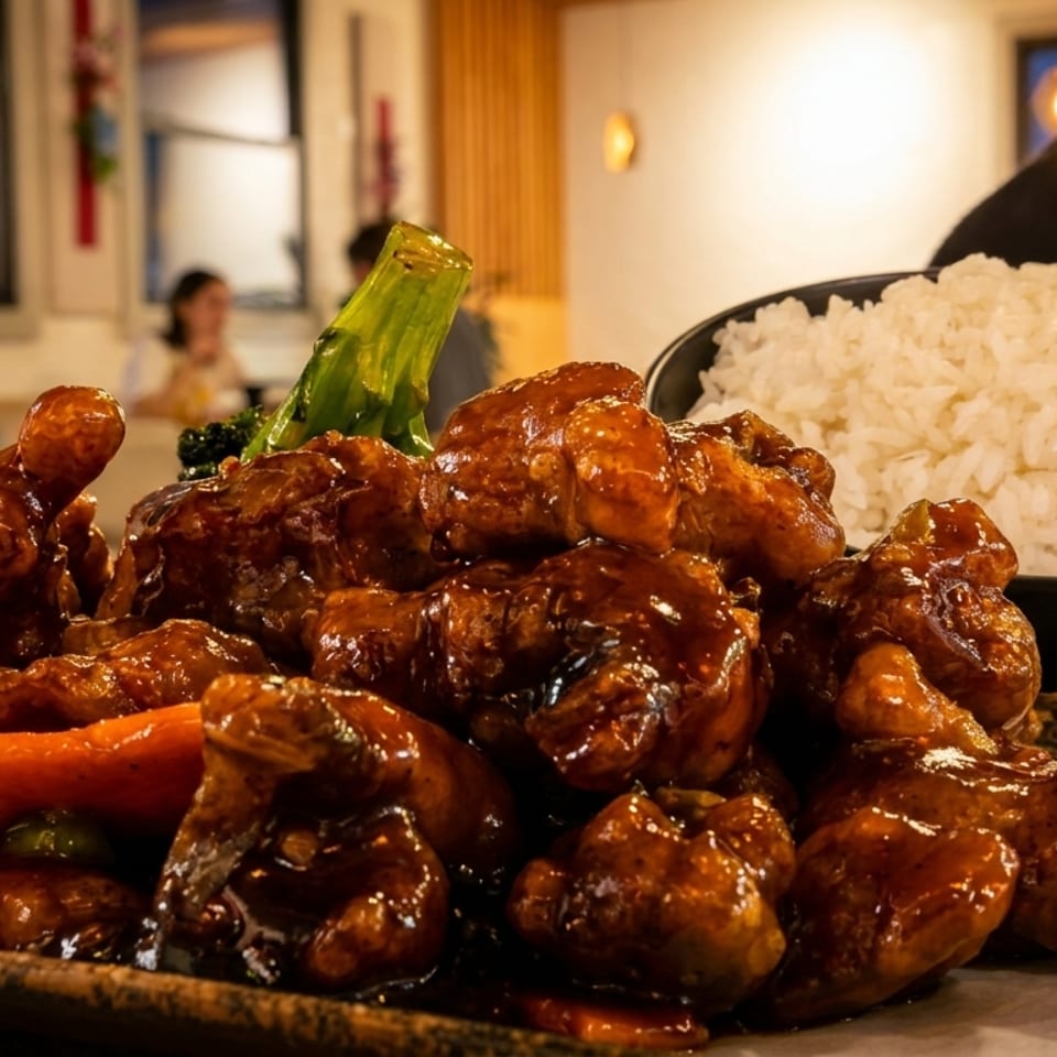 Sweet and sour chicken with carrots, green beans, and a side of white rice.
