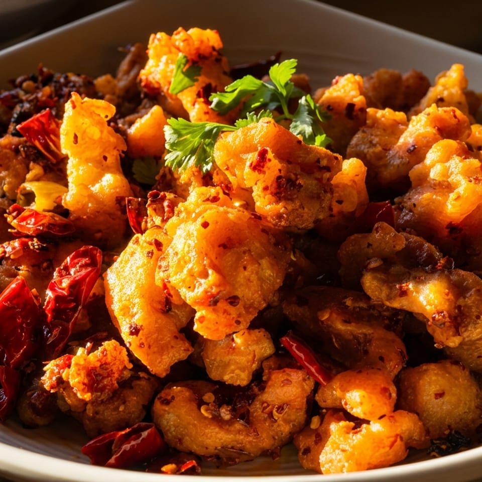 Crispy fried chicken pieces with red chili peppers and green herbs in a white bowl.