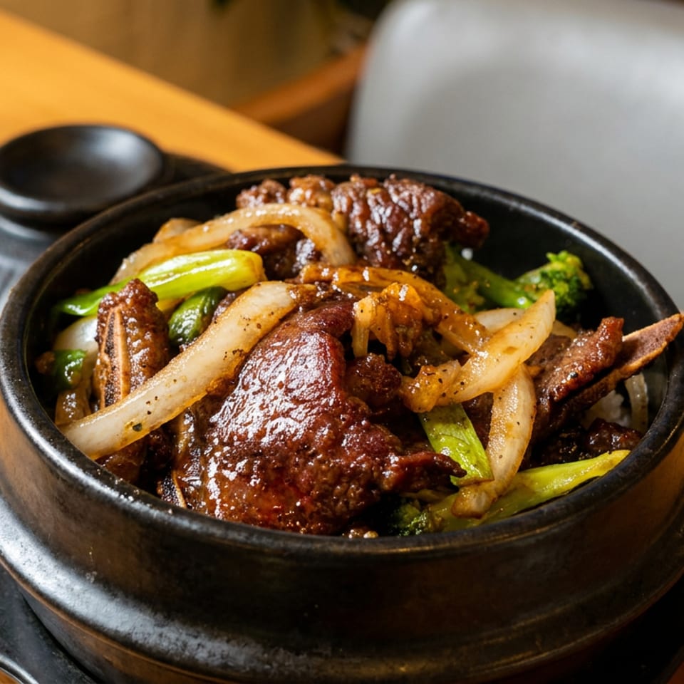 Savory beef short ribs with onions and green vegetables in a black stone bowl on a wooden table.
