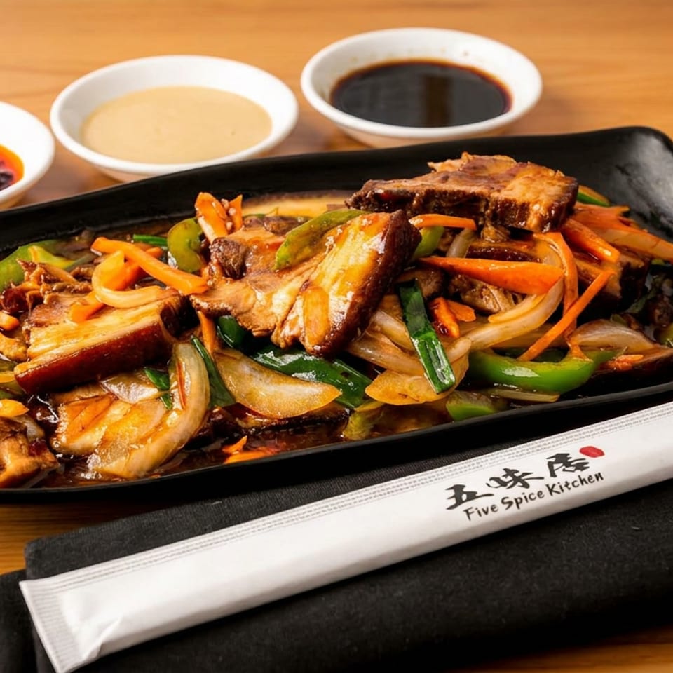 Stir-fried pork belly with colorful vegetables and three dipping sauces on a wooden table.