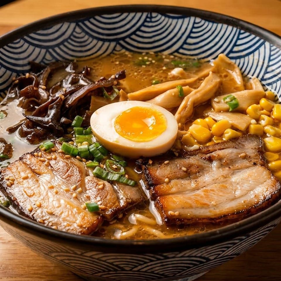 A close-up of a ramen bowl with pork, corn, egg, mushrooms, and scallions in a rich broth.