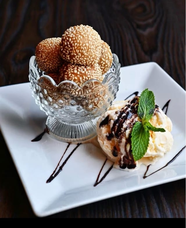 Sesame Balls & Vanilla Ice Cream.